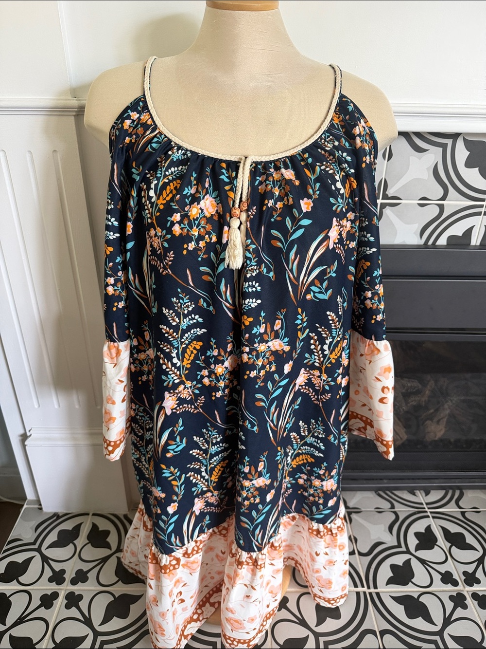 cleo Navy Floral Dress with Peach and Teal Accents